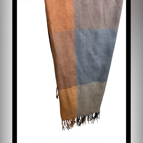 Soft Brown Blue Plaid Scarf with Fringe Ends One Size - Picture 2 of 2
